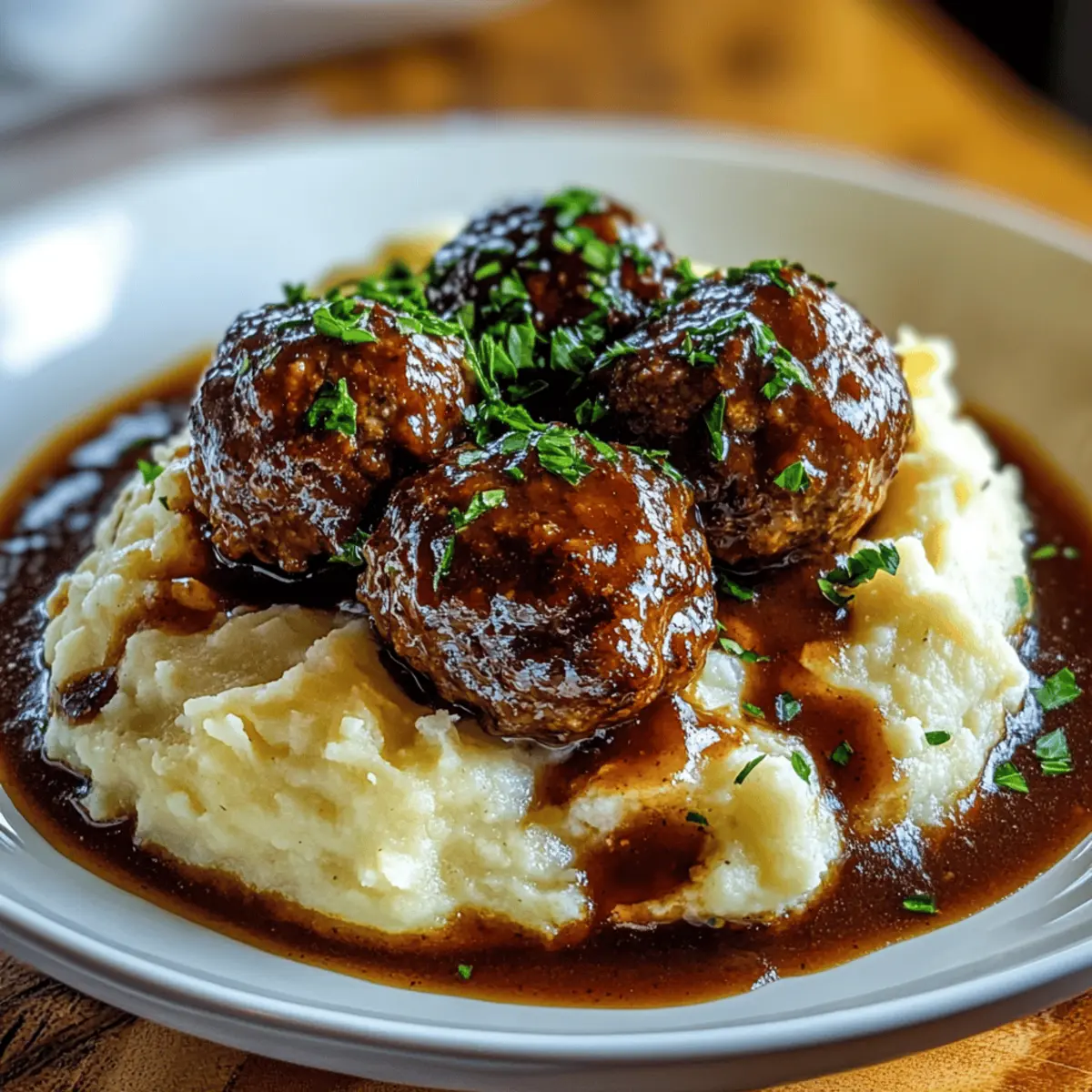 Salisbury Steak Meatballs With Garlic Herb Mashed Potatoes