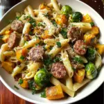 Autumn Dinner with Sausage, Pasta, Brussels Sprouts, Butternut Squash, Garlic Butter Sauce