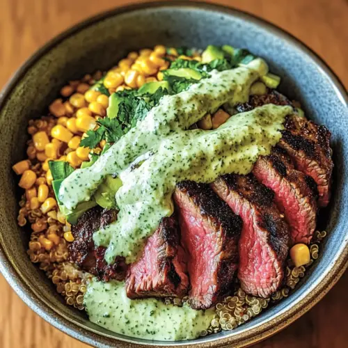Steak Avocado Roasted Corn Bowl with Cilantro Cream Sauce