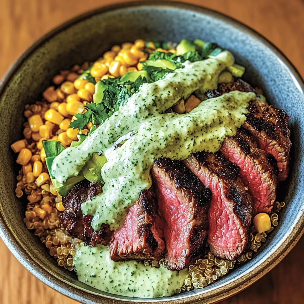 Steak Avocado Roasted Corn Bowl with Cilantro Cream Sauce