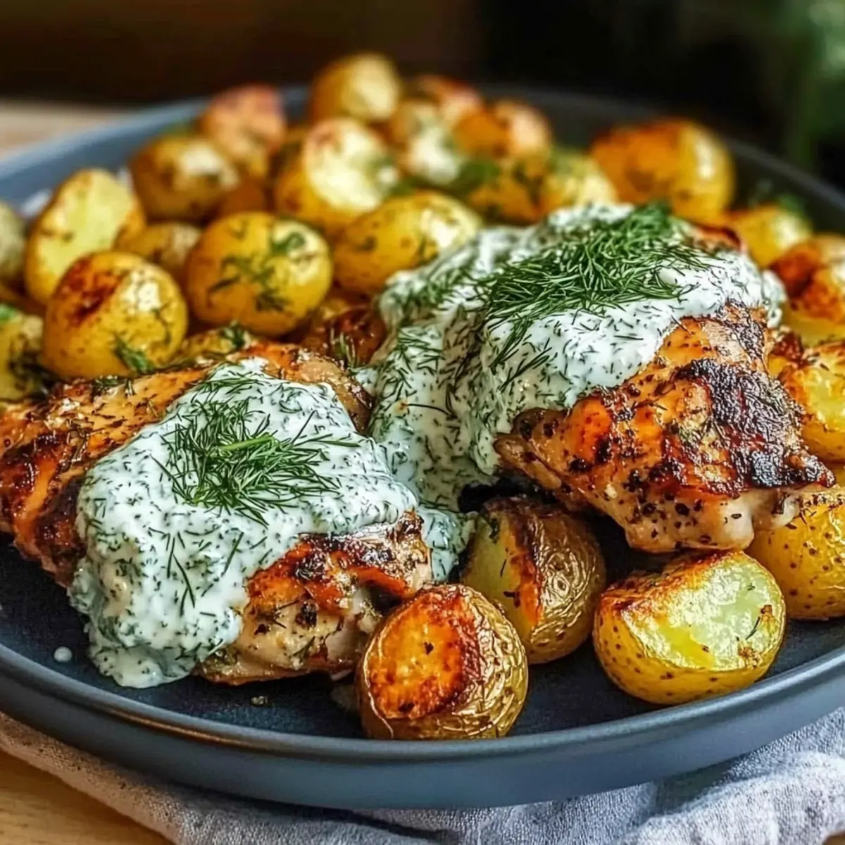 Spicy Yogurt Marinated Chicken with Dill Feta Cream & Crispy Potatoes